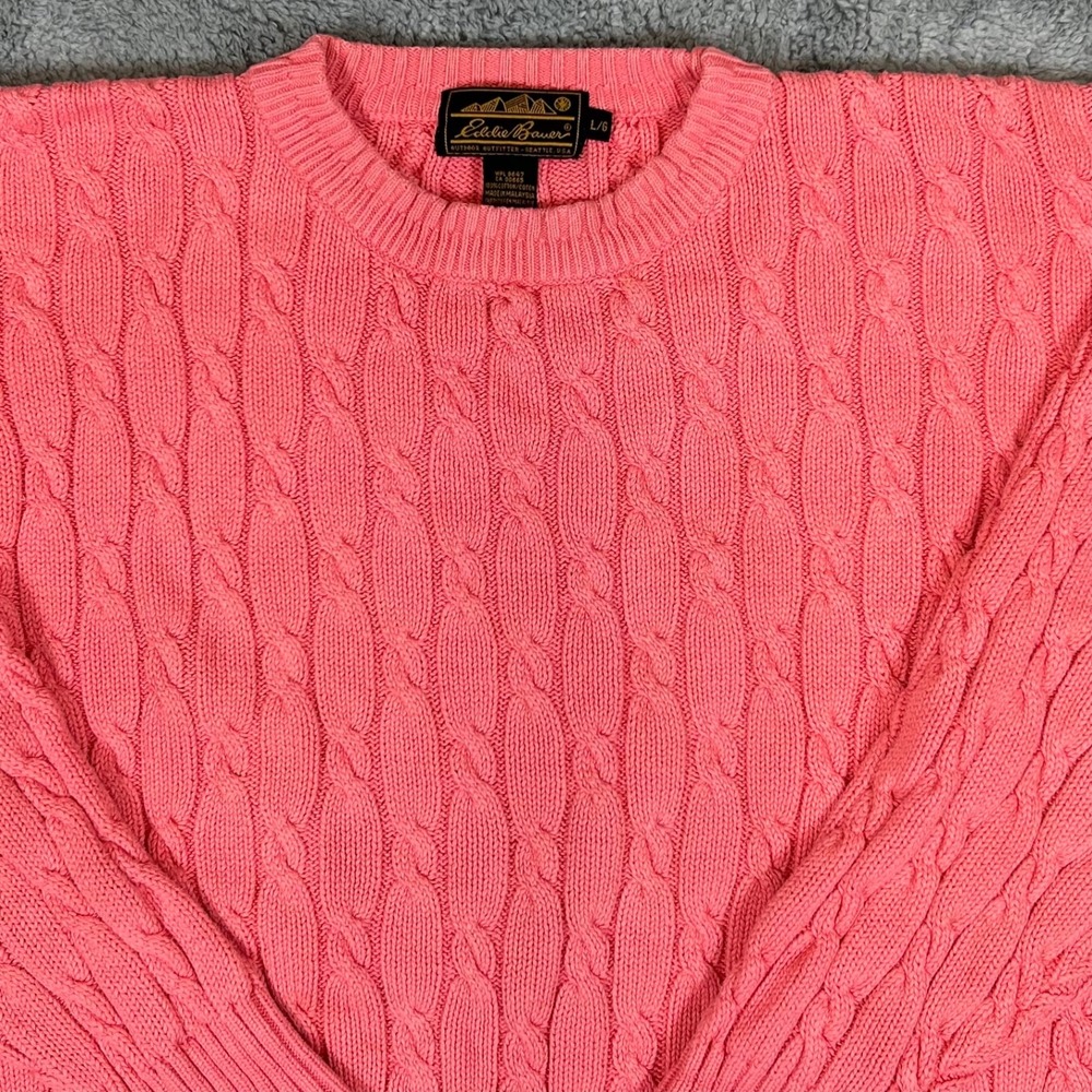 Eddie Bauer Vintage Coral Pink Cable Knit Cotton Sweater Womens Large WPL 9647